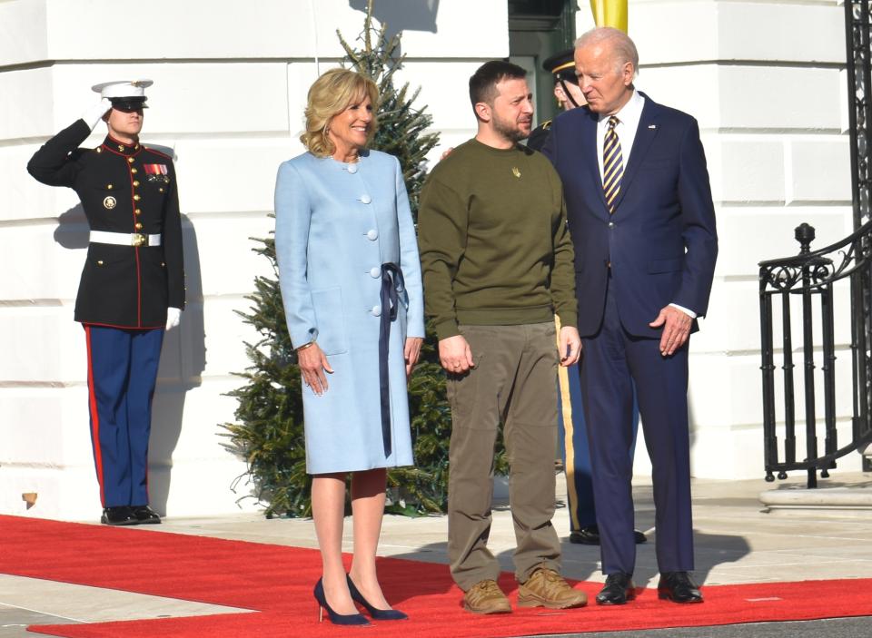 Stock picture of President Joe Biden and first lady Jill Biden welcoming President of Ukraine Volodymyr Zelenskyy. (Getty Images)