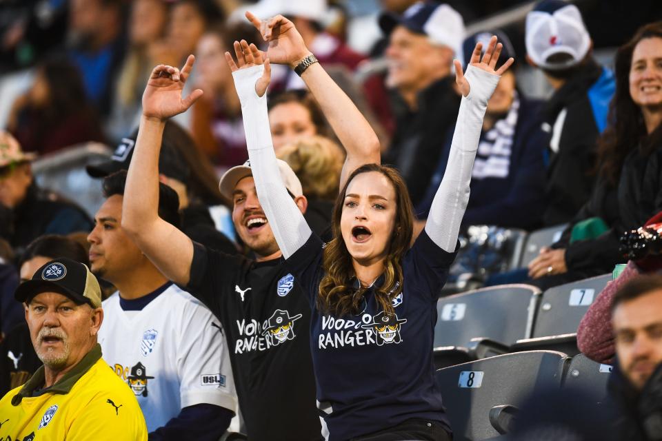 Hailstorm FC supporters react after a goal in a U.S. Open Cup third-round soccer match against the Colorado Rapids at Dick's Sporting Goods Park in Commerce City on Wednesday.