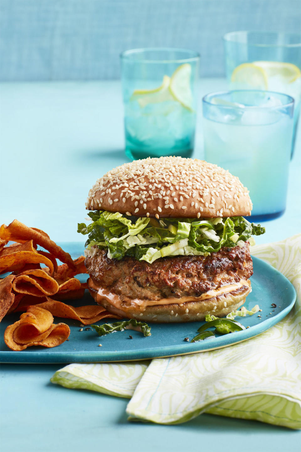 Turkey Burgers and Slaw with Sweet Potato Chips