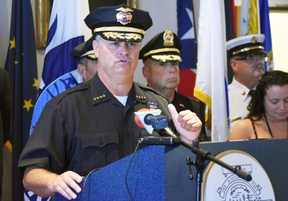 Fall River Police Chief Jeffrey Cardoza speaks during the press conference on Friday announcing Fall River's SAMHSA grant award.