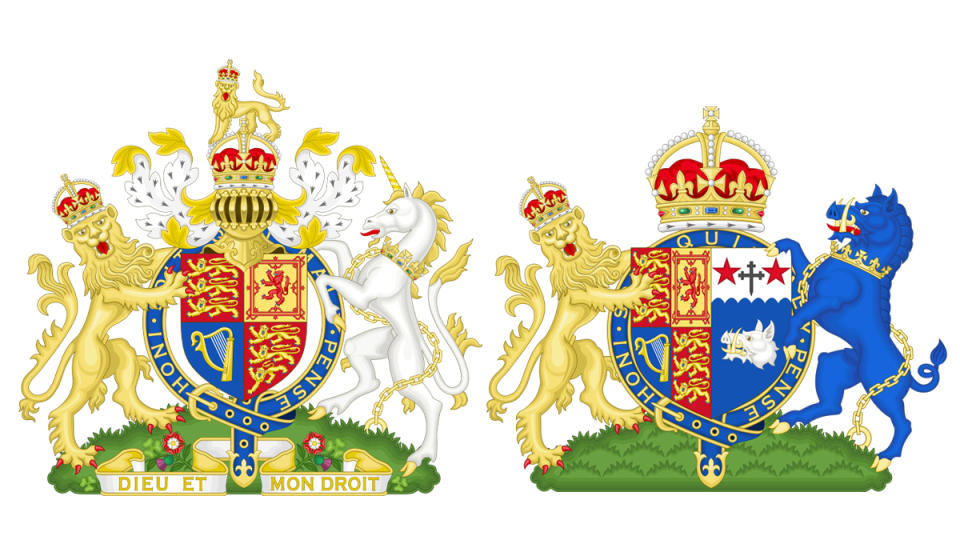 The arms used to signify a royal warrant from King Charles III (at right) and Queen Camilla.f