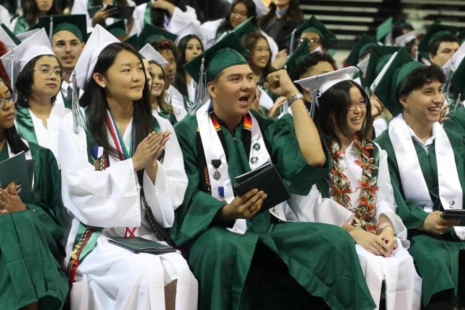 A group of graduates during the Hoover High graduation ceremony held at the Save Mart Center on June 6, 2023.