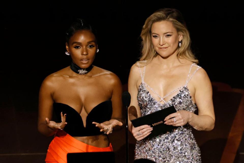 HOLLYWOOD, CALIFORNIA - MARCH 12: (L-R) Janelle Monáe and Kate Hudson speak onstage during the 95th Annual Academy Awards at Dolby Theatre on March 12, 2023 in Hollywood, California. (Photo by Kevin Winter/Getty Images)