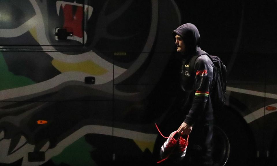 <span>Nathan Cleary leaves BlueBet Stadium after picking up an injury in the Panthers’ game against Canterbury, ruling him out of 2024 State of Origin series.</span><span>Photograph: Jason McCawley/Getty Images</span>