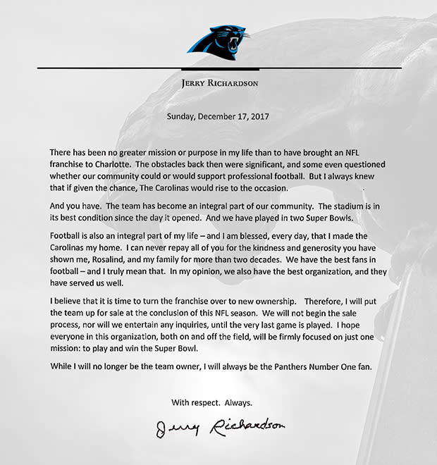 Jerry Richardson’s letter, which was posted to Panthers.com.