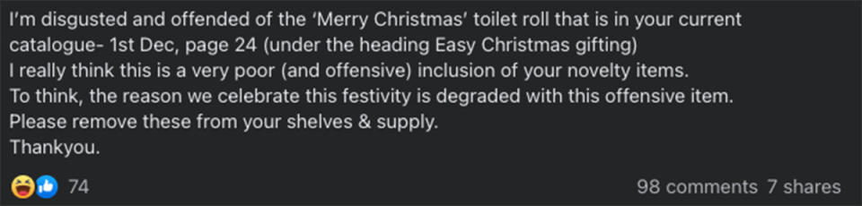 A Facebook post by a Woolworths customer upset about their Merry Christmas toilet roll. Photo: Facebook.