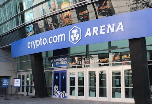 <span class="caption">Los Angeles' Crypto.com Arena -- home to the LA Lakers basketball team -- was known as Staples Center when sponsored by the US office supplies retailer.</span> <span class="attribution"><a class="link " href="https://www.shutterstock.com/image-photo/los-angeles-november-2022-crypto-arena-2233395419" rel="nofollow noopener" target="_blank" data-ylk="slk:Pamela Brick / Shutterstock;elm:context_link;itc:0;sec:content-canvas">Pamela Brick / Shutterstock</a></span>