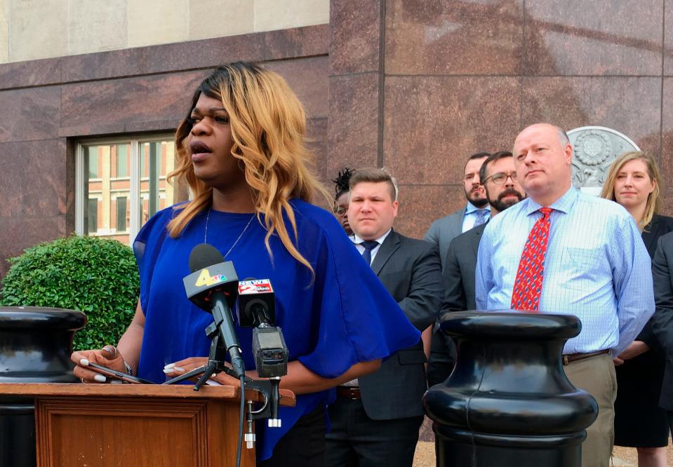 FILE - Lead plaintiff Kayla Gore speaks at a news conference outside the federal courthouse in Nashville, Tenn., Tuesday, April 23, 2019. A federal judge has dismissed a lawsuit, Thursday, June 22, 2023,  from a group of Tennessee-born transgender individuals who want the state to change the sex designations on their birth certificates. (AP Photo/Travis Loller, File)