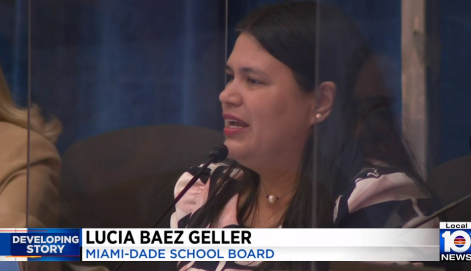 Miami-Dade School Board member Lucia Baez-Geller, the sponsor of the resolution to make October LGBT+ History Month, was the sole yeasayer on the bill on Wednesday night (Local 10/video screengrab)