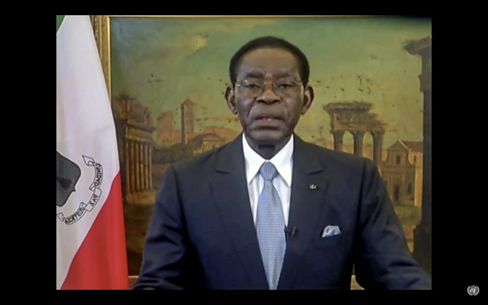 In this UNTV image, Teodoro Obiang Nguema Mbasogo, President of Equatorial Guinea, speaks in a pre-recorded video message during the 75th session of the United Nations General Assembly, Thursday, Sept. 24, 2020, at UN headquarters. The U.N.'s first virtual meeting of world leaders started Tuesday with pre-recorded speeches from heads-of-state, kept at home by the coronavirus pandemic. (UNTV via AP)