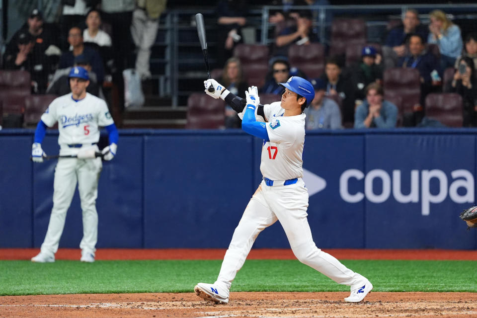 SEOUL, SOUTH KOREA - MARCH 21: Shohei Ohtani #17 of the Los Angeles Dodgers hits a sacrifice fly in the 2nd inning during the 2024 Seoul Series game between San Diego Padres and Los Angeles Dodgers at Gocheok Sky Dome on March 21, 2024 in Seoul, South Korea. (Photo by Masterpress/Getty Images)