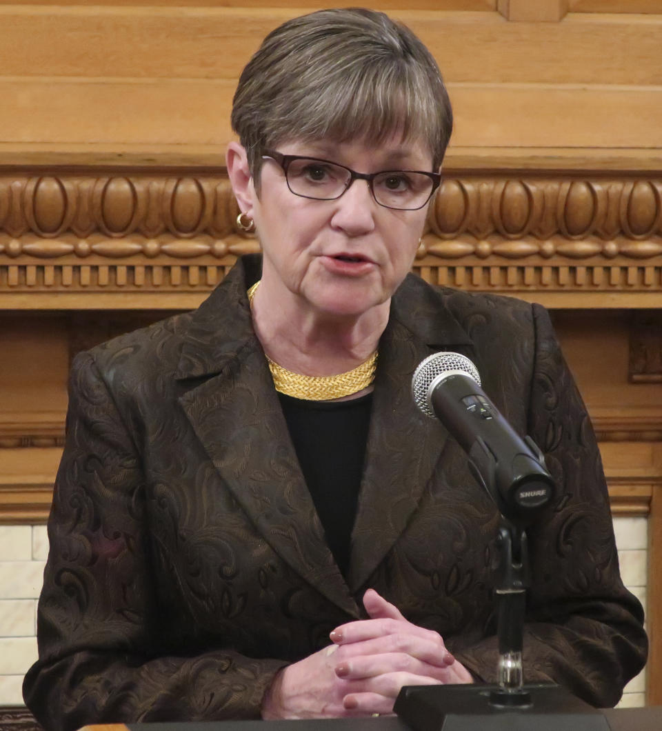 In this photo from Monday, March 25, 2019, Kansas Gov. Laura Kelly answers questions from reporters during a news conference at the Statehouse in Topeka, Kansas. The Democratic governor supports abortion rights and during the news conference, she questioned whether a bill on medication abortions is based on sound science. (AP Photo/John Hanna)
