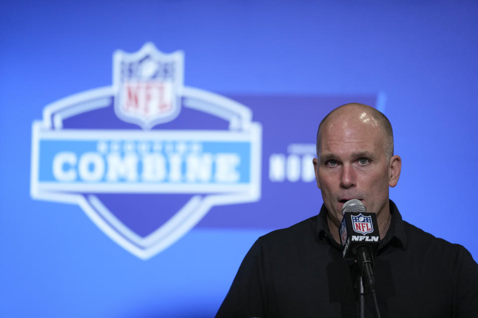 Baltimore Ravens generall manager Eric DeCosta speaks during a press conference at the NFL football scouting combine in Indianapolis, Wednesday, March 1, 2023. (AP Photo/Michael Conroy)