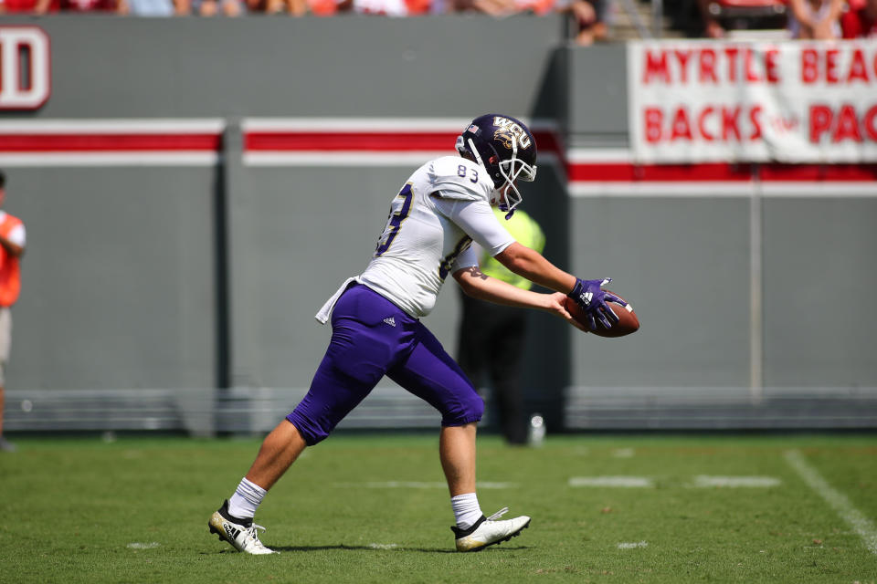 RALEIGH, NC - SEPTEMBER 07: Western Carolina Catamounts place kicker Brandon Dickerson (83) with the ball during the 1st half of the Western Carolina Catamounts football game versus the North Carolina State Wolfpack on September 7th, 2019, at Carter-Finley Stadium in Raleigh, NC. (Photo by Jaylynn Nash/Icon Sportswire via Getty Images)