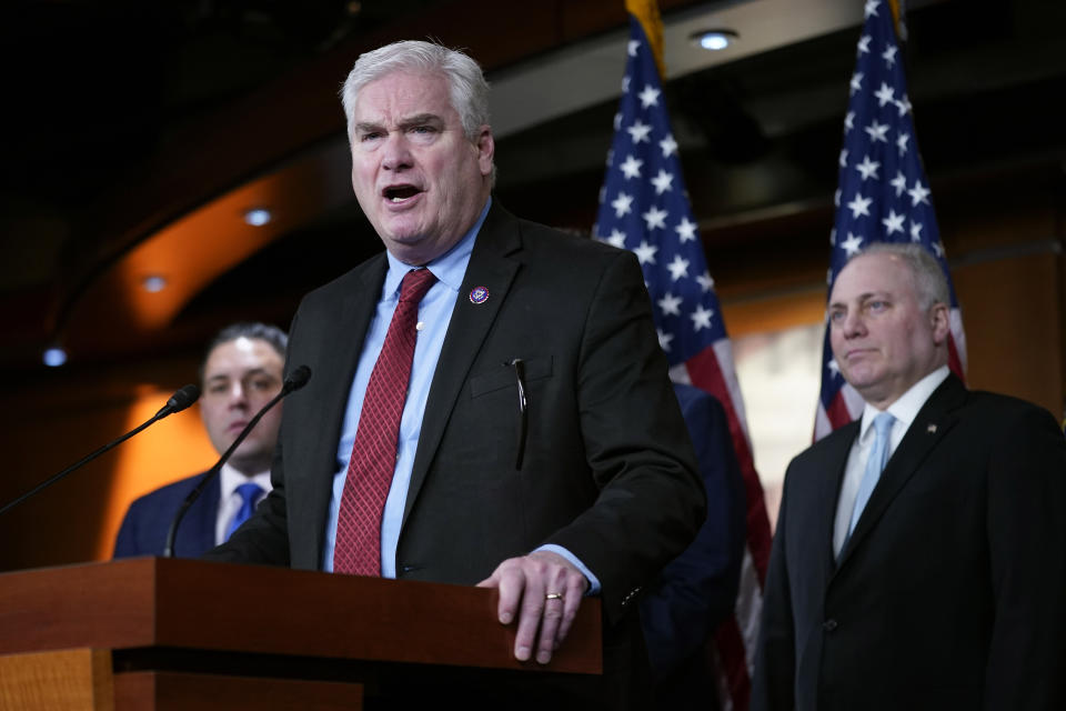 FILE - Rep. Tom Emmer, R-Minn., speaks at a news conference on Capitol Hill in Washington, Tuesday, Jan. 10, 2023. Standing behind Emmer are Rep. Anthony D'Esposito, R-N.Y., left, and House Majority Leader Steve Scalise of La. (AP Photo/Patrick Semansky, File)