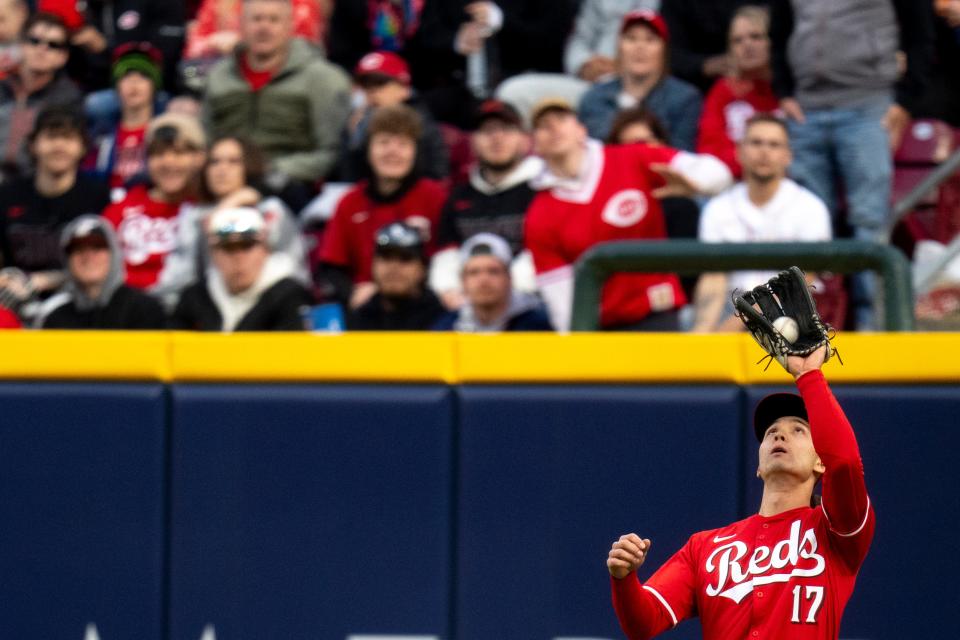 Cincinnati Reds right fielder Stuart Fairchild (17) catches a fly ball in the third inning of the MLB game between the Cincinnati Reds and the Los Angeles Angels at Great American Ball Park in Cincinnati on Saturday, April 20, 2024.