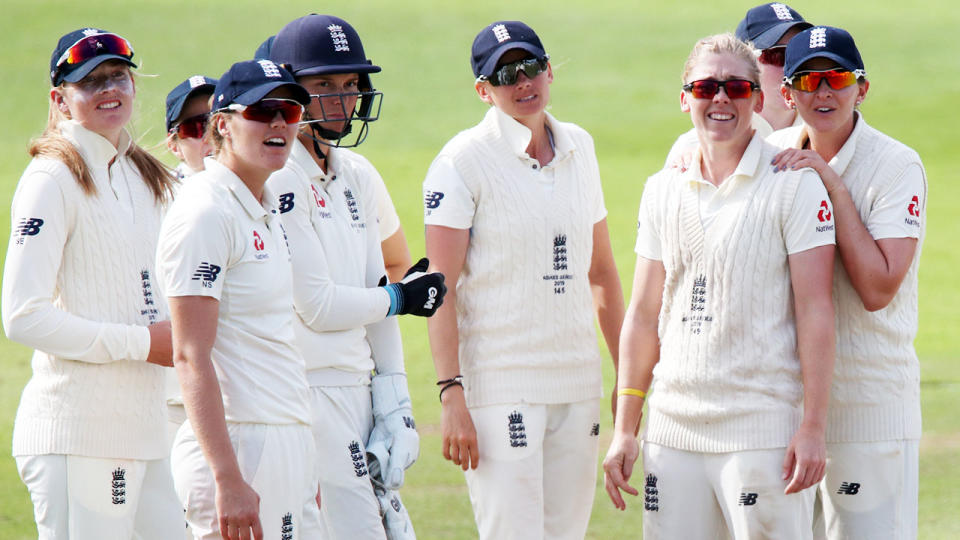 Heather Knight and teammates, pictured here during the women's Ashes Test match against Australia in 2019.