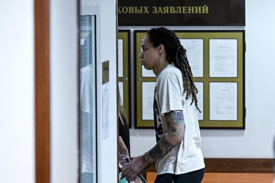 US WNBA basketball superstar Brittney Griner arrives to a hearing at the Khimki Court, outside Moscow on July 1, 2022. - Griner, a two-time Olympic gold medallist and WNBA champion, was detained at Moscow airport in February on charges of carrying in her luggage vape cartridges with cannabis oil, which could carry a 10-year prison sentence. (Photo by Kirill KUDRYAVTSEV / AFP) (Photo by KIRILL KUDRYAVTSEV/AFP via Getty Images)