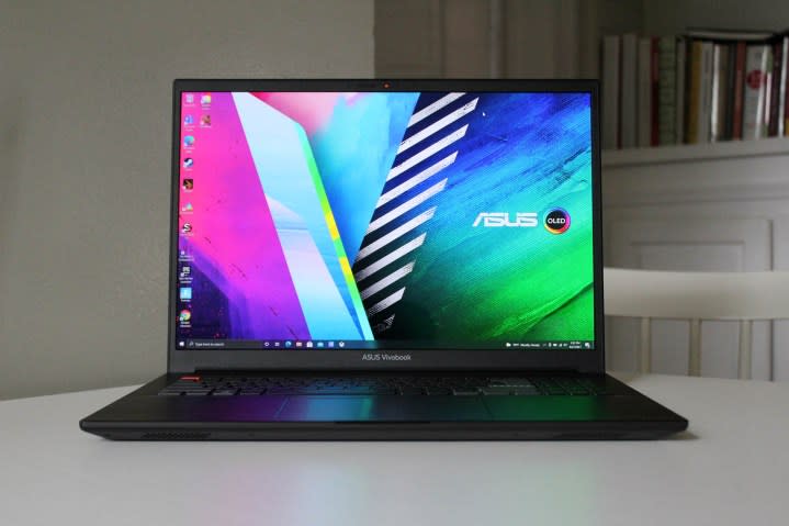 Asus Vivobook Pro 16X OLED sitting on a table top.