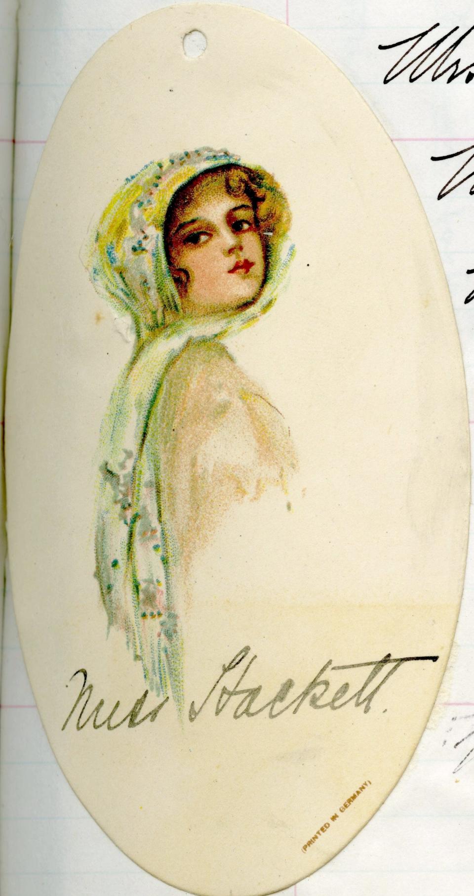 In three scrapbooks preserved at the Portsmouth Athenaeum, Marion Hackett kept meticulous record of her social life. This name tag from a 1911 bridge match bears her signature. The albums are filled with mementos of theater and concert outings, charity and sporting events, and calling cards from members of Portsmouth’s upper crust in the decade before World War I.