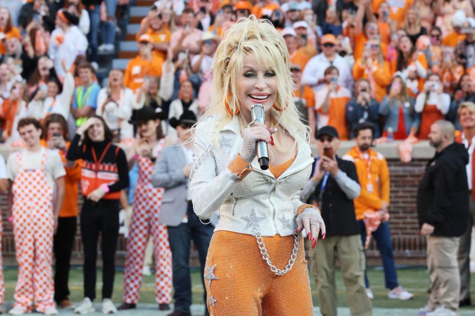 Dolly Parton performs at the Denver Broncos game