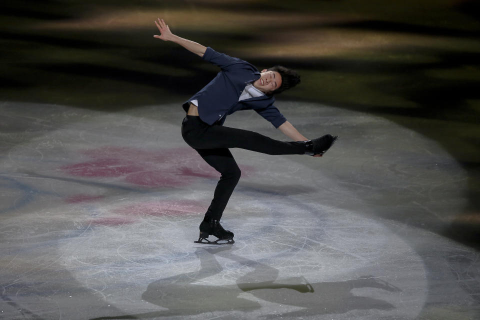 FILE - In this March 24, 2019, file photo, Nathan Chen from the United States performs during the gala exhibition for the ISU World Figure Skating Championships at Saitama Super Arena in Saitama, north of Tokyo. Chen, master of the quad, is on the verge of skating off with his fourth consecutive title at the U.S. Championships this week. (AP Photo/Annice Lyn, File)