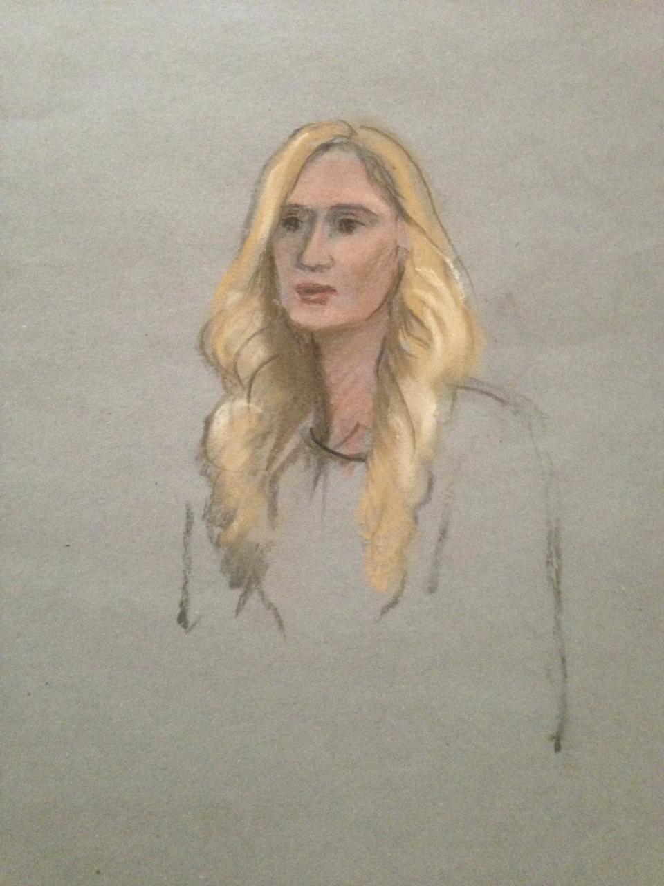 A courtroom sketch shows Boston Marathon bombing survivor Rebekah Gregory testifying in the trial of accused bomber Dzhokhar Tsarnaev at the federal courthouse in Boston, Massachusetts March 4, 2015. REUTERS/Jane Flavell Collins (UNITED STATES - Tags: CRIME LAW)