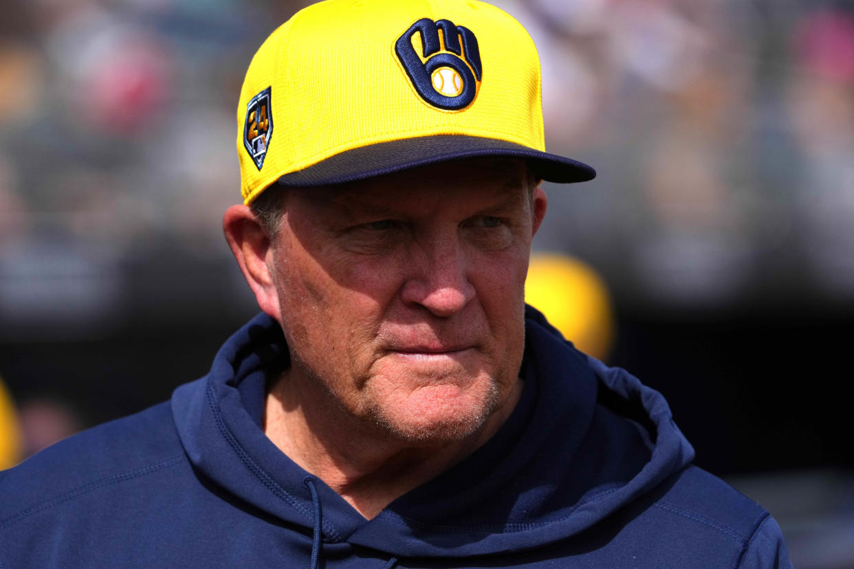 Milwaukee Brewers manager Pat Murphy looks on prior to a spring training game against the San Diego Padres at Peoria Sports Complex on Saturday.