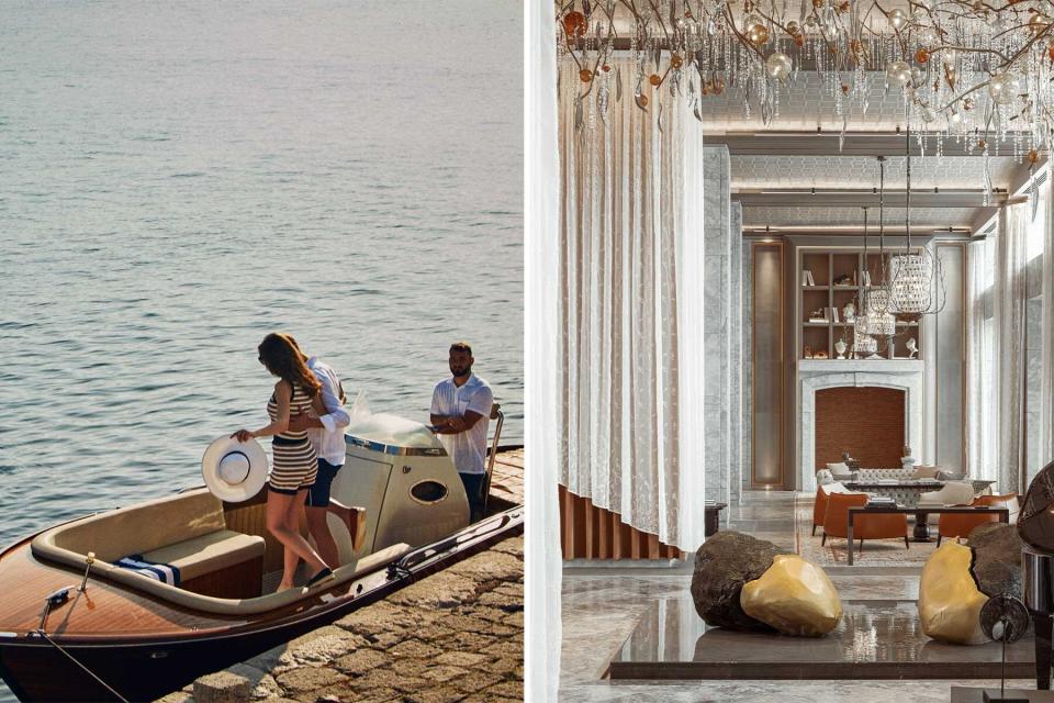 Two photos from the One &amp; Only Portonovi, Montenegro hotel, including guests boarding a boat, and an ornate lobby