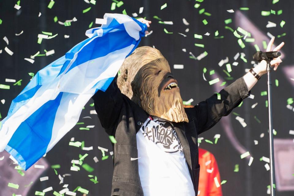 Lewis Capaldi takes to the Main Stage wearing a Chewbacca during the TRNSMT festival at  Glasgow Green, Scotland (PA)