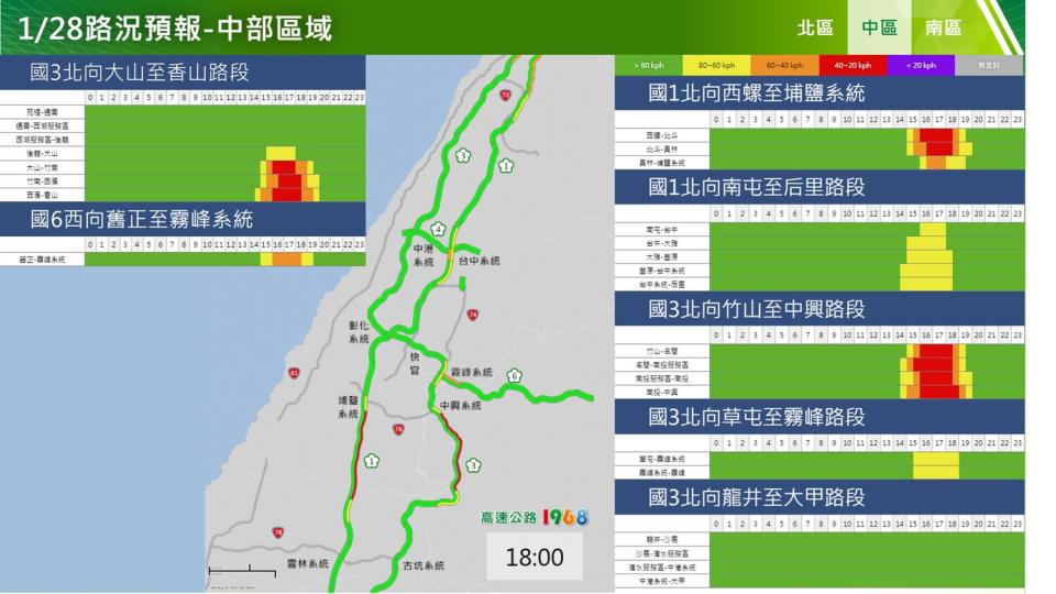 今日中區路況預報。   圖：高速公路局／提供