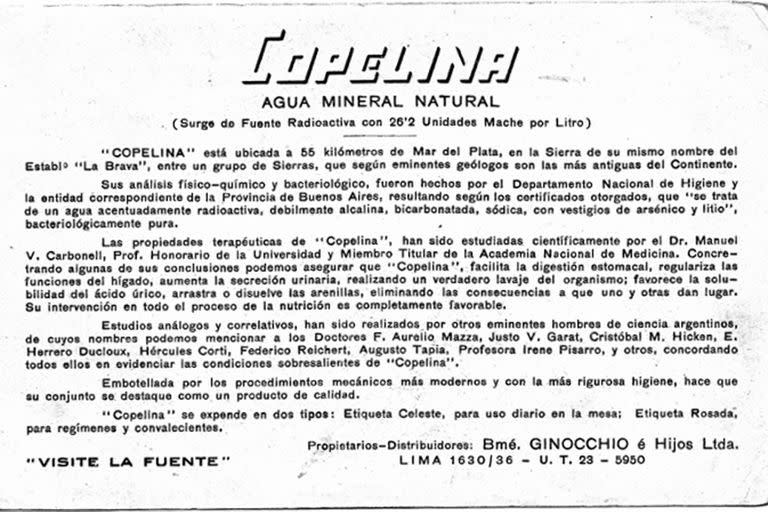 Reverso de una postal de La Copelina de los años 40