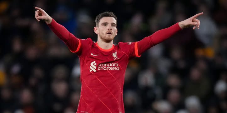 Liverpool's Andy Robertson during their Premier League victory against Wolverhampton Wanderers at Molineux, Wolverhampton, December 2021. Credit: PA Images