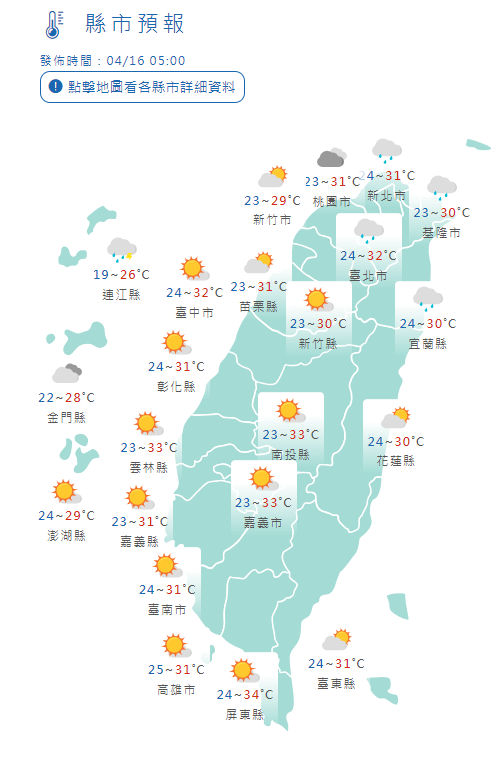 4/16全台縣市氣溫。中央氣象署