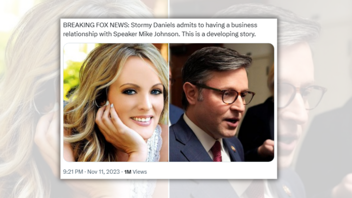 A X (formerly known as Twitter) post says, "BREAKING FOX NEWS: Storym Daniels admits to having a business relationship with Speaker Mike Johnson. This is a developing story." Attached are photos of a white blonde woman and a white man wearing glasses and a suit. 