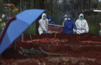 Workers in protective suits carry a coffin containing the body of a COVID-19 victim to a grave for burial at Cipenjo cemetery in Bogor, West Java, Indonesia on July 14, 2021. With the numbers of death increasing from the latest virus surge in Indonesia which has crippled the healthcare system in Java and Bali, relatives and residents decided to volunteer to dig graves using their own hoes and shovels to help exhausting gravediggers. (AP Photo/Achmad Ibrahim)