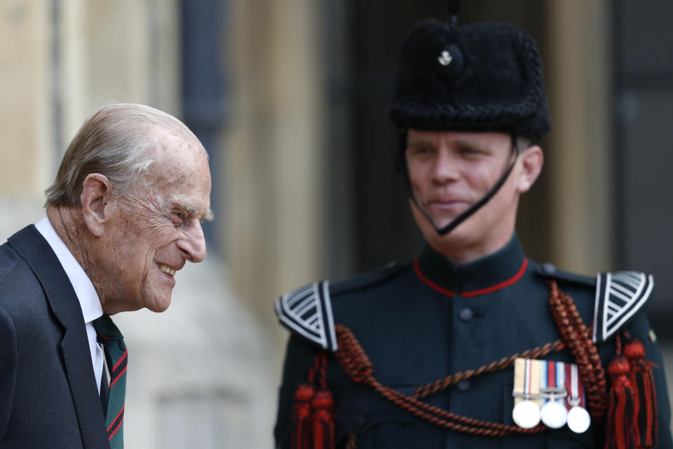 FILE - In this file photo dated Wednesday July 22, 2020, Britain's Prince Philip, The Duke of Edinburgh, at Windsor Castle for a ceremony for the transfer of the Colonel-in-Chief of the Rifles from the Duke to Camilla Duchess of Cornwall, at Windsor Castle, England, marking the Duke's 67-years of support and service to The Rifles. When Elizabeth became queen at the age of 25 in 1952, Philip gave up his naval career and dedicated himself to supporting her and the monarchy. (Adrian Dennis/Pool File via AP)