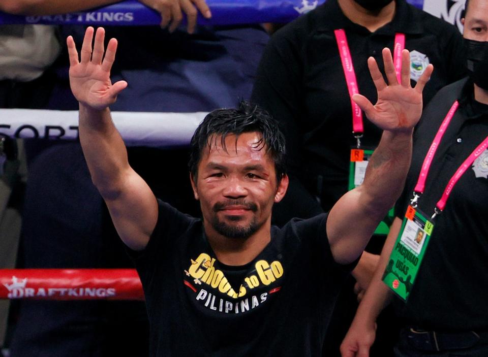 Manny Pacquiao gestures after his latest loss — a 12-round decision to Yordenis Ugas on Saturday, August 21.