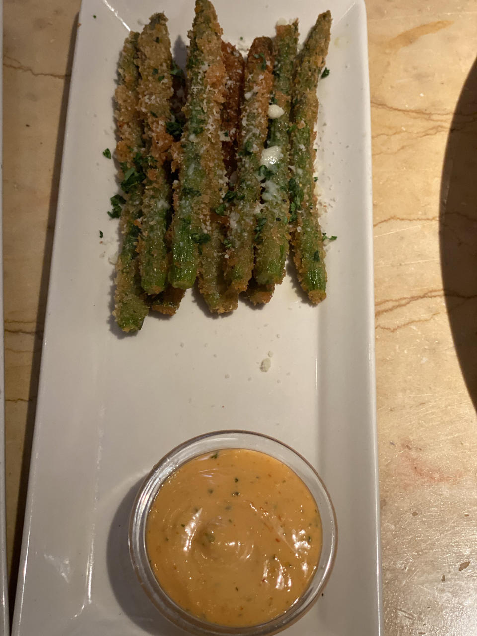 CHRIS: Asparagus? Very good. Asparagus in fried crumble with some sort of magical, savory dipping sauce? Very, very good. Yet another home run. 9/10.KRISTA: The dip for this is a HELL YEAH. The breading on this asparagus was perfectly fried and coated and not soggy at all. The parmesan on top added a yummy touch and I really just loved this appetizer a lot. 9/10.