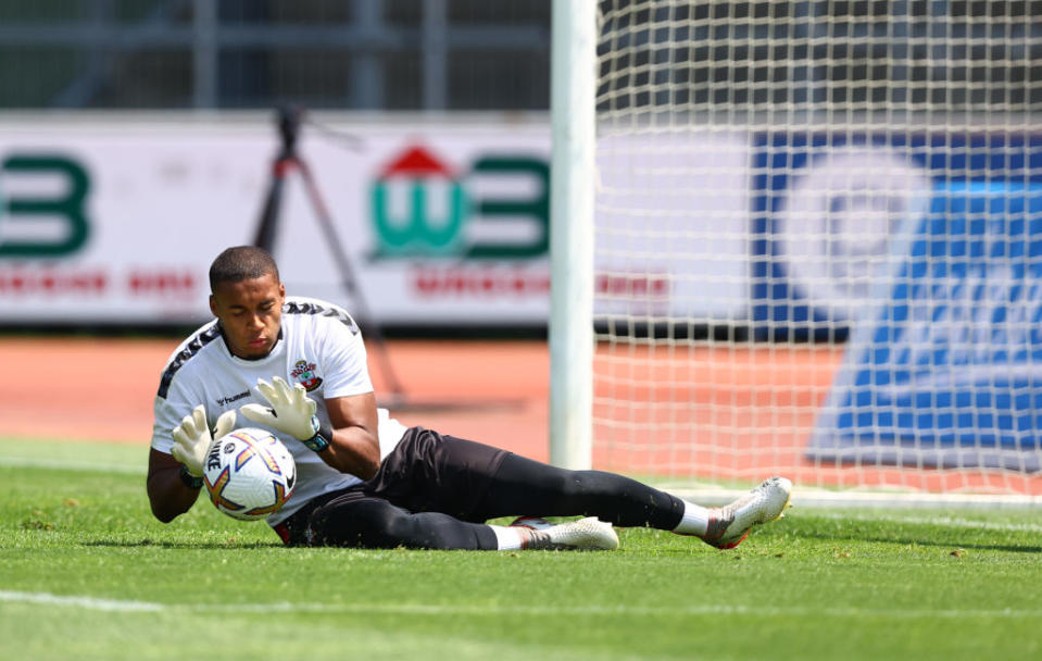 Gavin Bazunu of Southampton warms up during the pre-season friendly match between RB Leipzig and Southampton FC, at the Lavanttal-Arena, on July 16, 2022 in Wolfsberg, Austria.