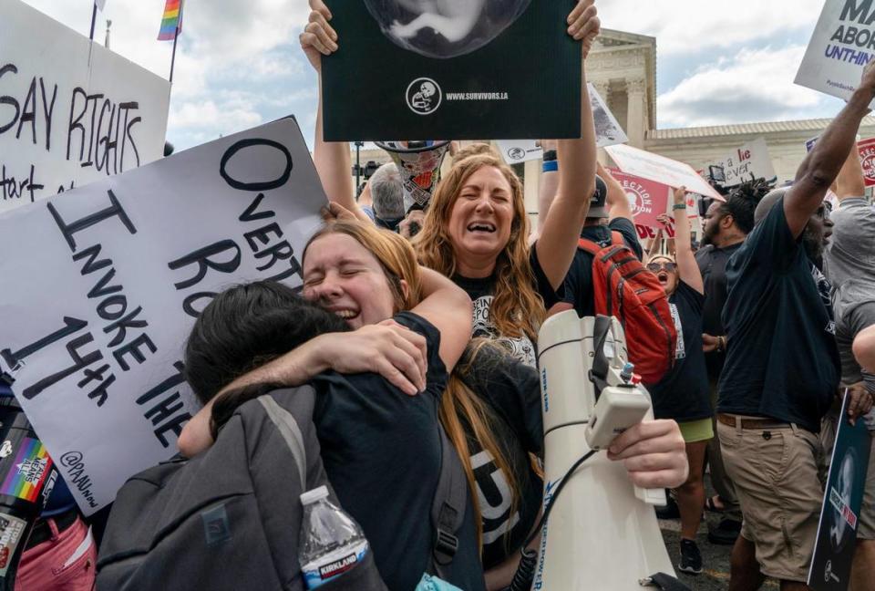 Anti-abortion protesters celebrate following Supreme Court’s decision to overturn Roe v. Wade, federally protected right to abortion, in Washington, Friday, June 24, 2022.