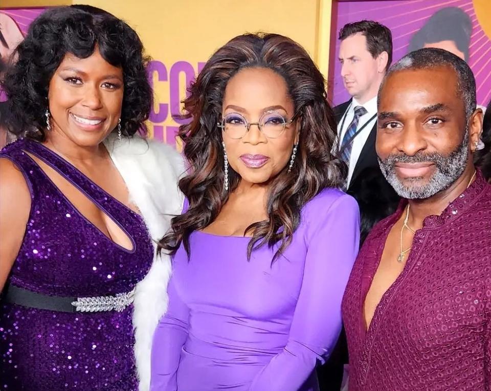 (Left to right) Andrea Mona Bowman, Oprah Winfrey and Lawrence Davis during the Los Angeles premier of The Color Purple.