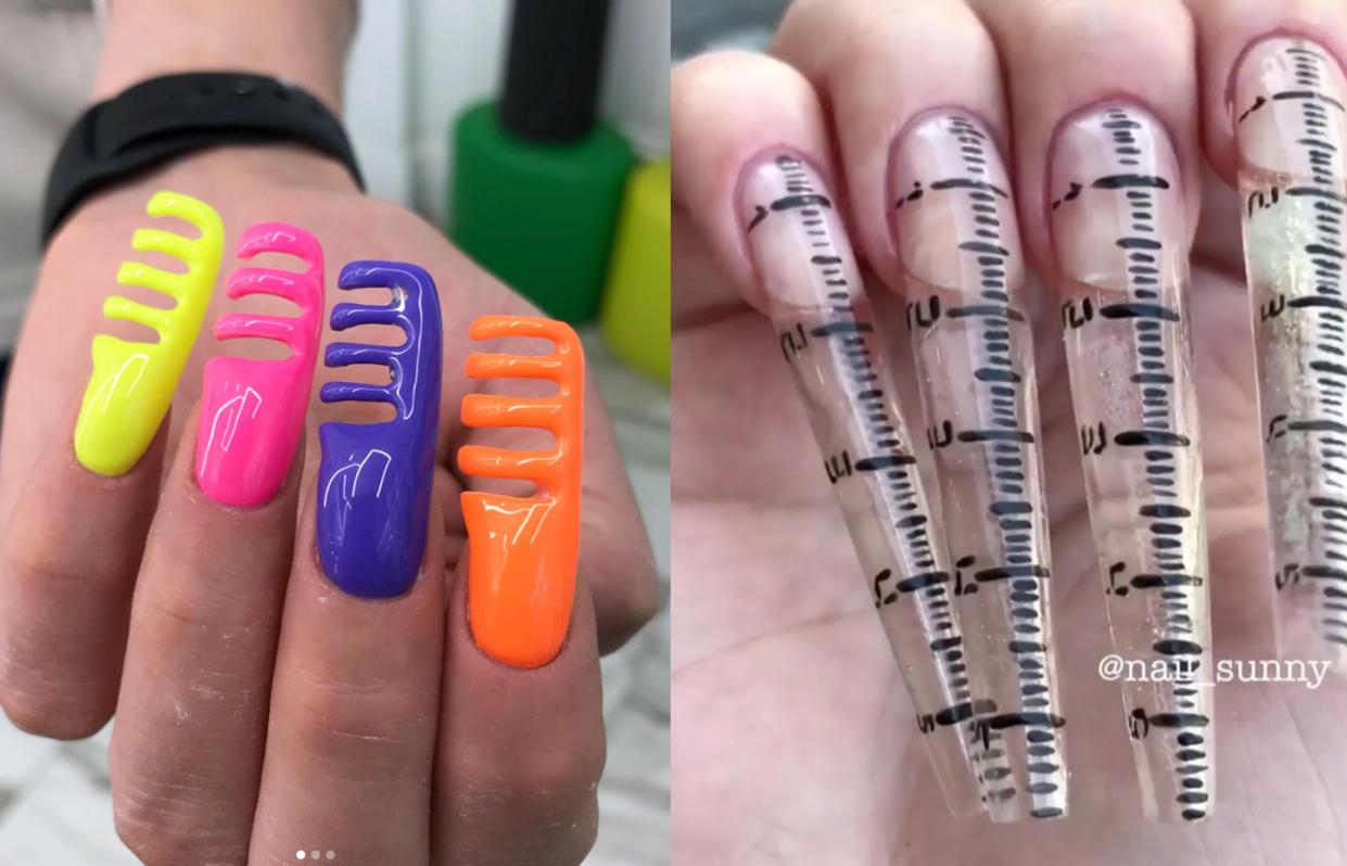Für das schnelle Bürsten oder Abmessen unterwegs: Ein russisches Nagelstudio formt Nägel zu Kämmen oder Linealen. (Bild: Screenshot/Instagram/Nail_Sunny)