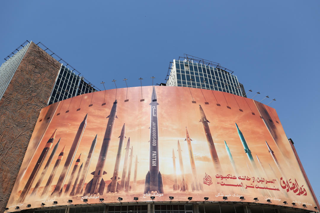 An anti-Israel billboard with a picture of Iranian missiles is seen on a street in Tehran, Iran April 19, 2024. Majid Asgaripour/WANA (West Asia News Agency) via REUTERS