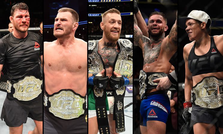 Michael Bisping, Stipe Miocic, Conor McGregor, Cody Garbrandt and Amanda Nunes are the five candidates for 2016 fighter of the year. (Getty)