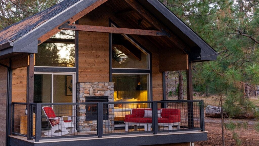 Enjoy indoor-outdoor fireplaces in the cottages at Firefall Ranch.