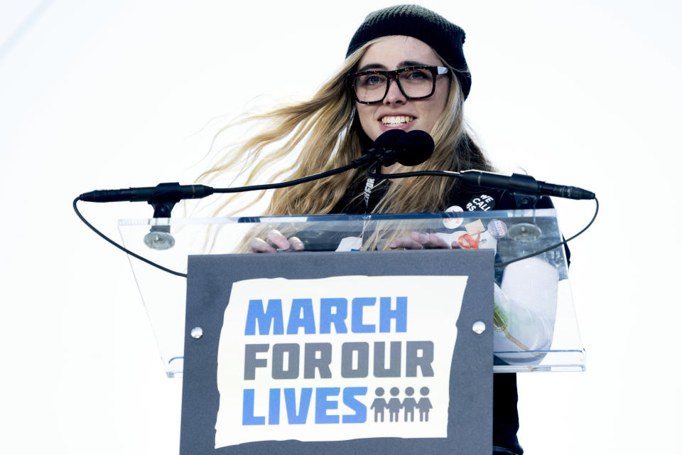 <p>Delaney Tarr, a survivor of the mass shooting at Marjory Stoneman Douglas High School in Parkland, Fla., speaks during the March for Our Lives rally in support of gun control in Washington, Saturday, March 24, 2018. (AP Photo/Andrew Harnik) </p>