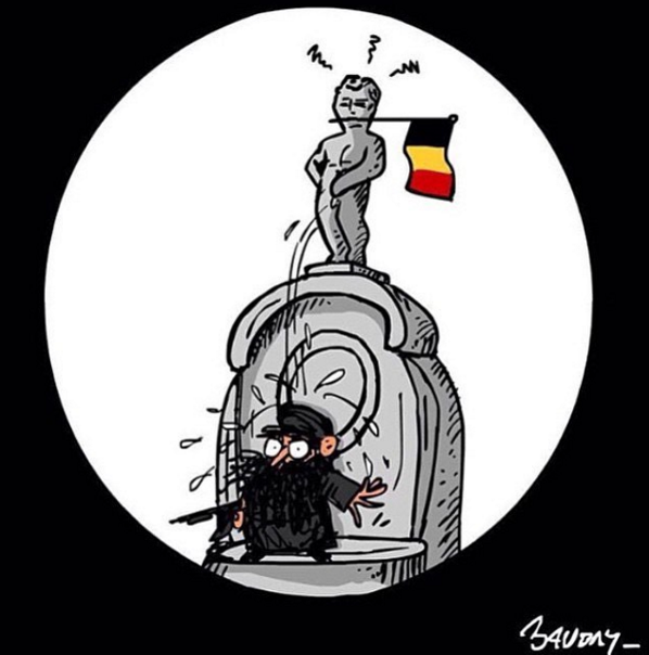 Diese Karikatur verzichtet auf allzu viel Symbolik und lässt die Statue direkt auf den Terroristen los. 