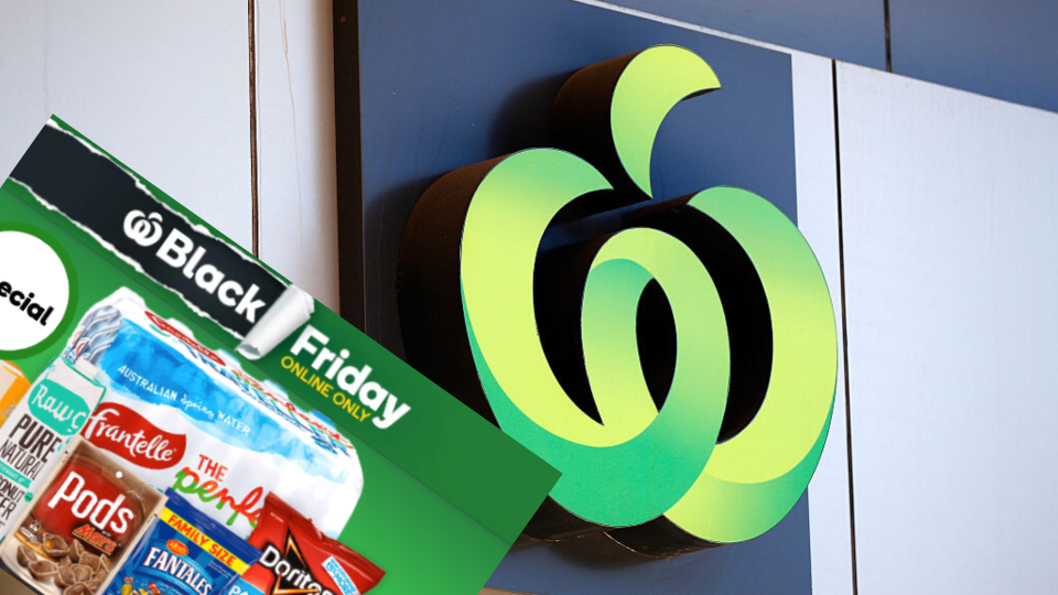 Pictured: Woolworths logo, Black Friday banner. Images: Getty, Woolworths