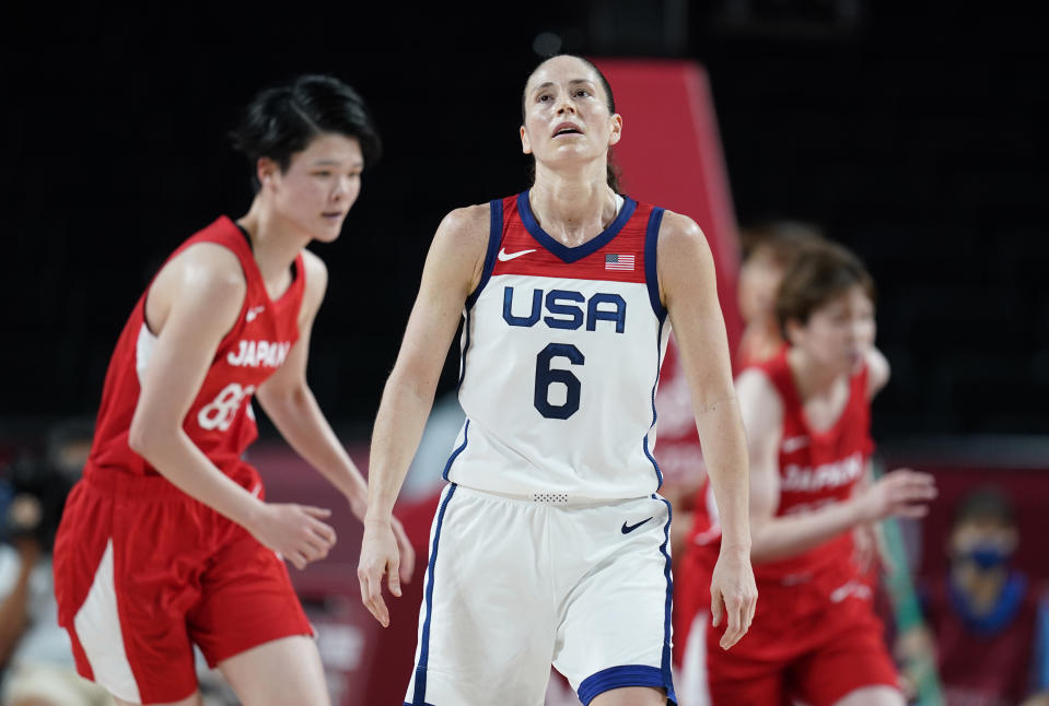 United States' Sue Bird (6) reacts after making a shot during women's basketball preliminary round game against Japan at the 2020 Summer Olympics, Friday, July 30, 2021, in Saitama, Japan. (AP Photo/Charlie Neibergall)